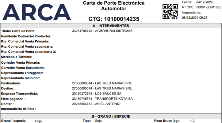 Ejemplo de Carta de Porte Electrónica